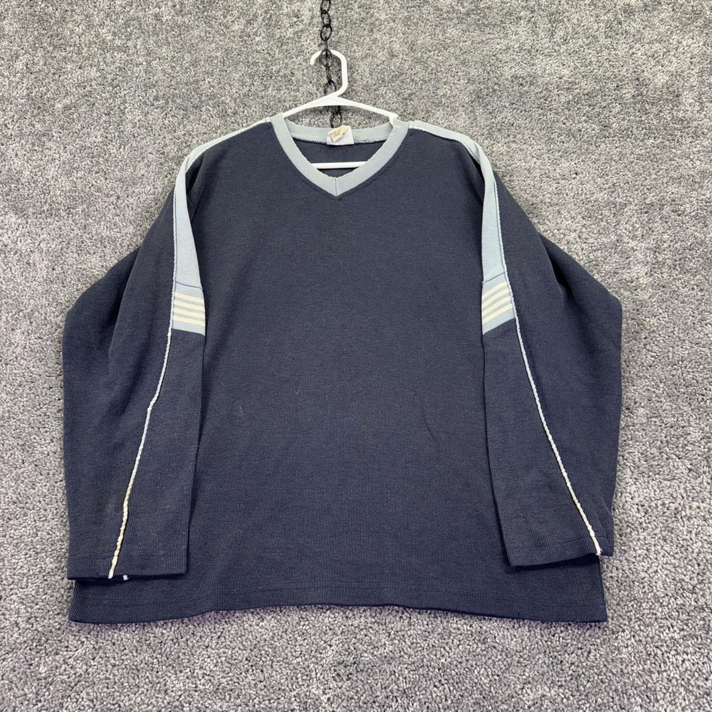Wooden Dog Sweater Mens Medium Blue Striped V Neck Knit Pullover Casual
